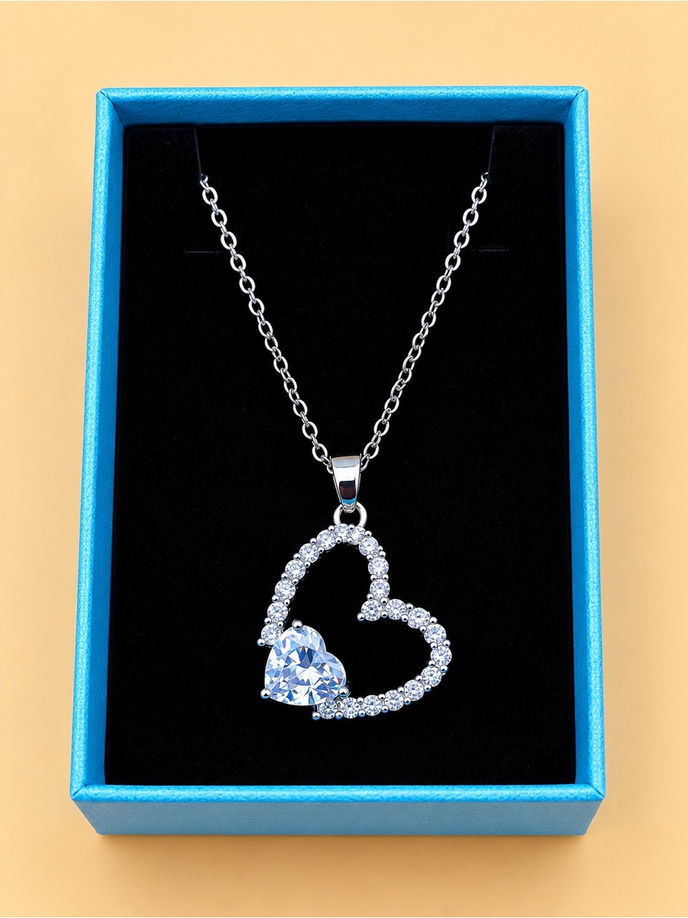 Silver Heart Outline Necklace with Clear Heart Crystal